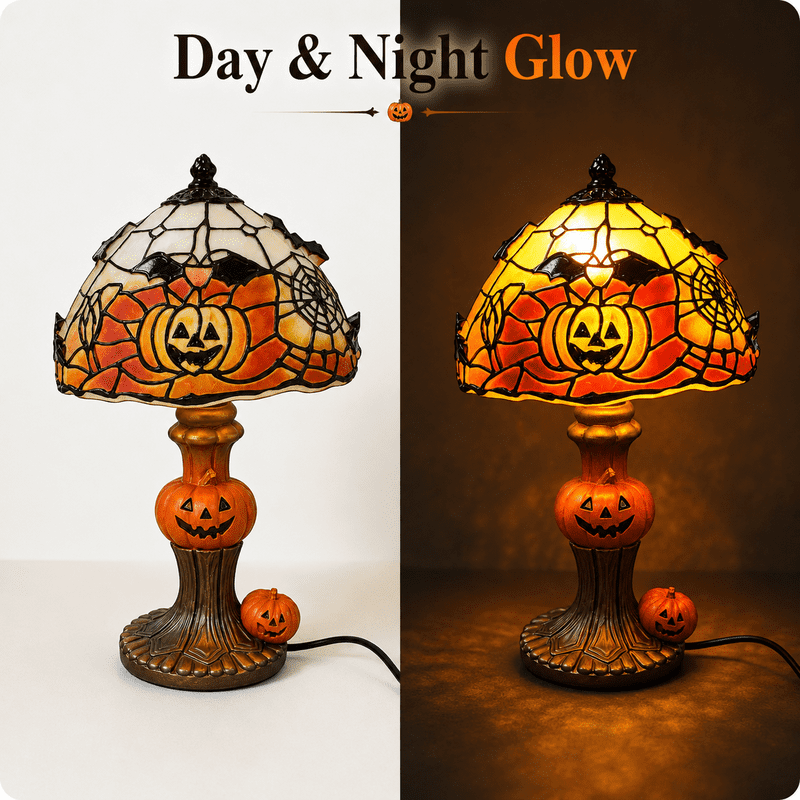 Halloween Pumpkin Table Lamp with Bat and Spider Web Shade - Indoor Decorative Light
