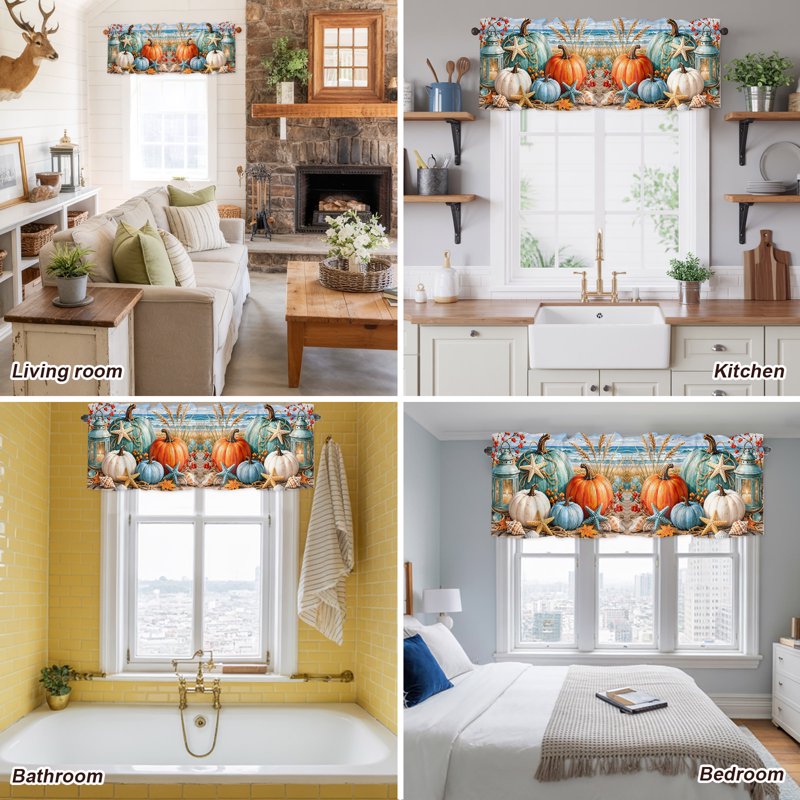 Coastal Fall Valance Window Treatment - Pumpkin & Seashell Design, Multiple Sizes