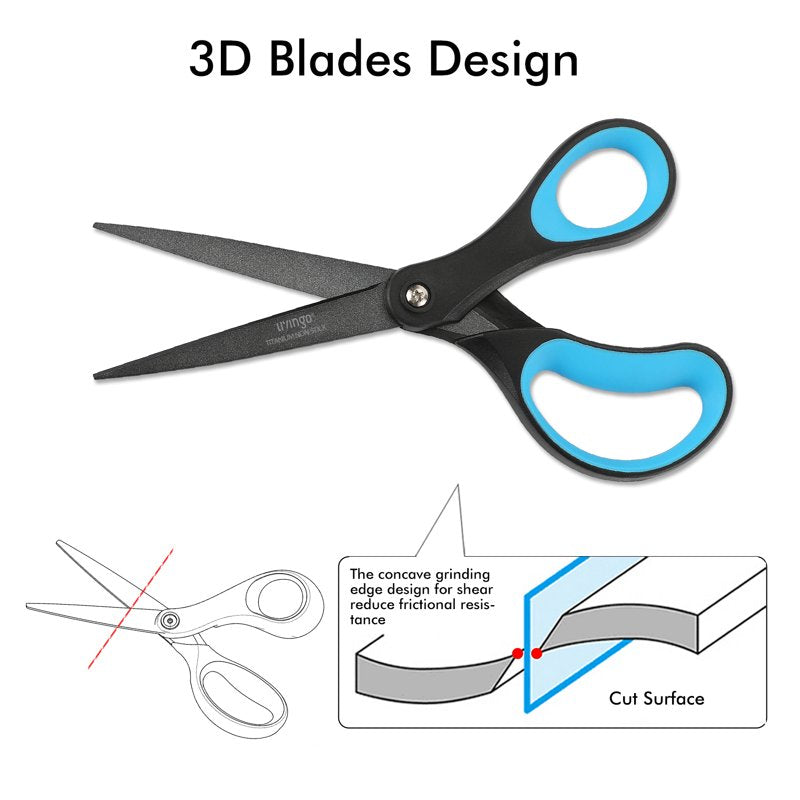 Office Scissors, Titanium Coated Blades, Non-Stick 8", 2 Pack - Black & Blue