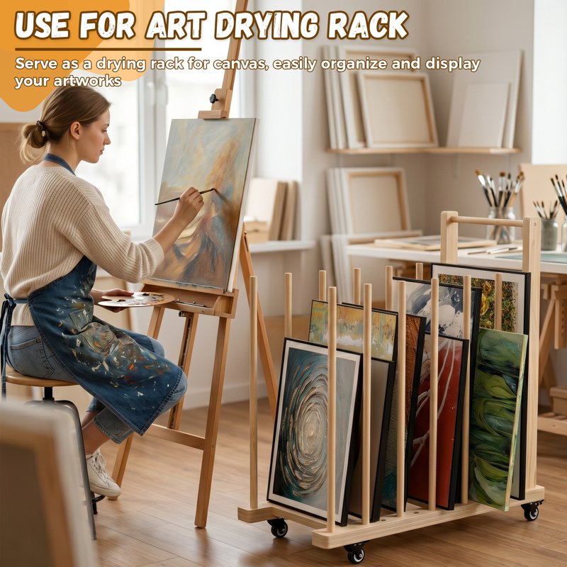 Wooden Art Storage Rack with Casters for Canvas & Artwork - 31.5 x 14.2 in