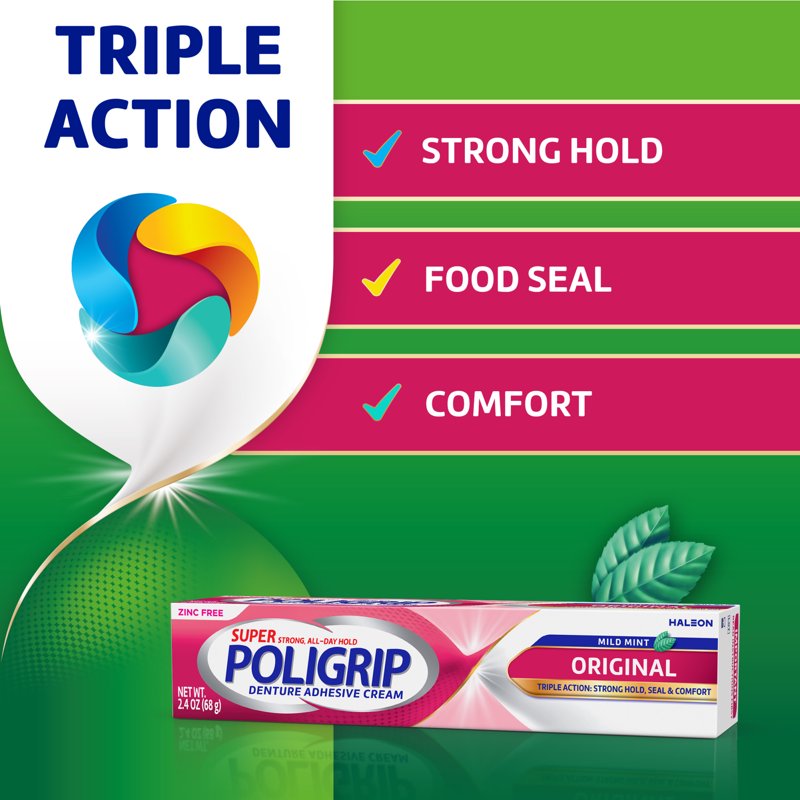 Denture Adhesive Cream Strong All-Day Hold Zinc-Free 2.4 oz