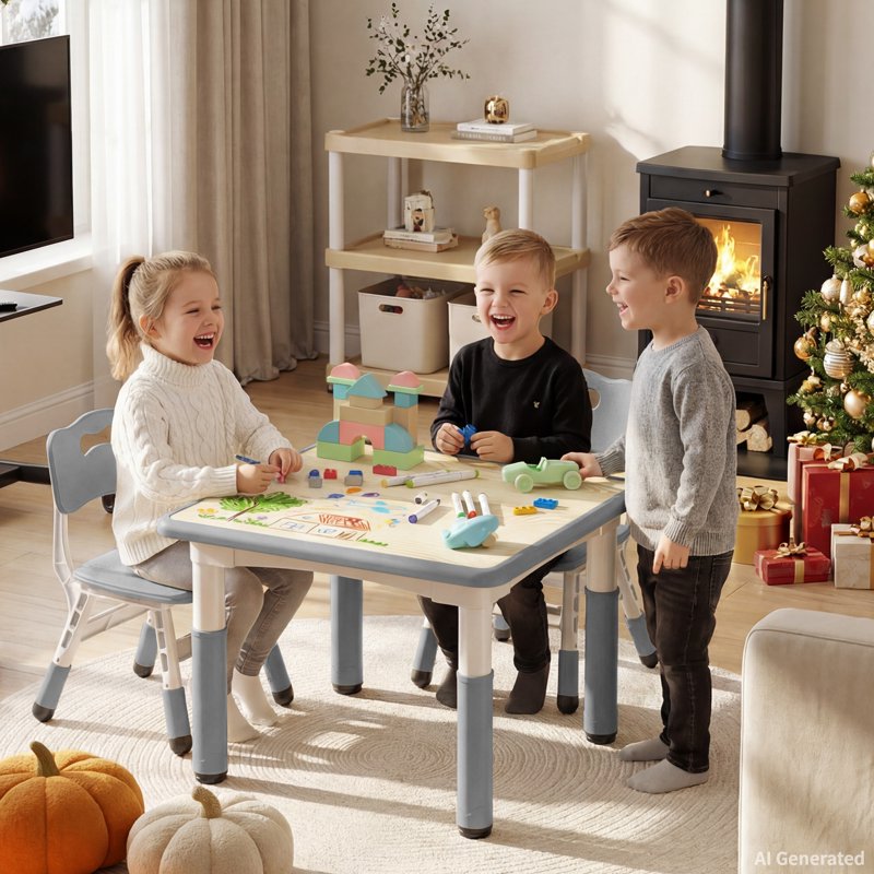 Kids Art Table and 2 Chair Set with Adjustable Heights - Toddler Play Desk, Grey