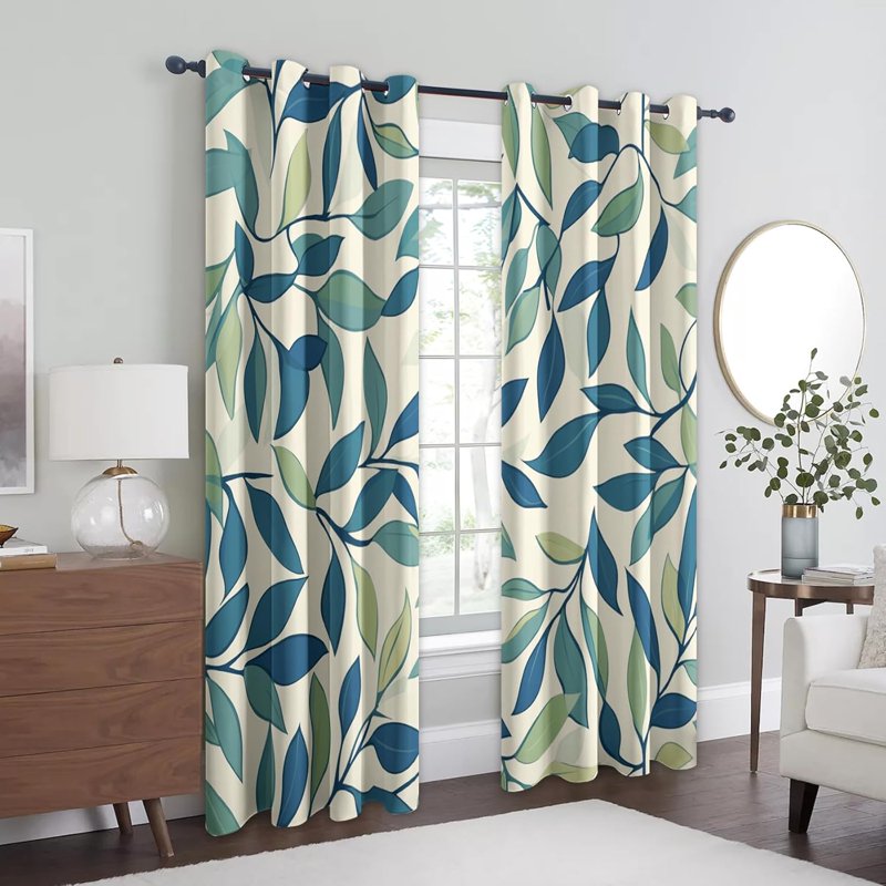Green Leaf Curtains for Bedroom & Living Room - Blackout & Noise-Reducing Drapes, 2 Panel Set