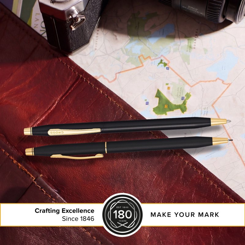 Refillable Ballpoint Pen & 0.7mm Pencil Set with Gold Accents - Classic Black