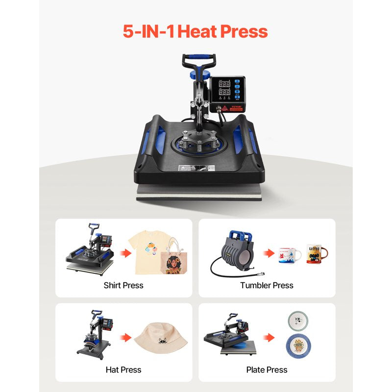 15x15in Heat Press Machine for T-Shirts Mugs Hats Plates - 5 in 1 Digital Swing Away