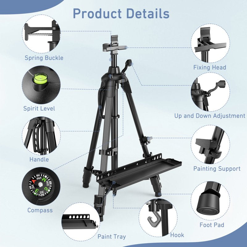 Adjustable Art Easel Stand for Painting and Display - Portable Tripod with Bag, Black