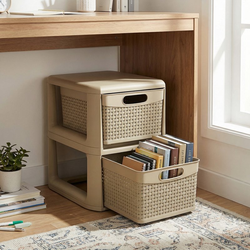 2-Drawer Storage Cabinet with Wicker Pattern Handles for Bedroom Bathroom - Compact Organizer