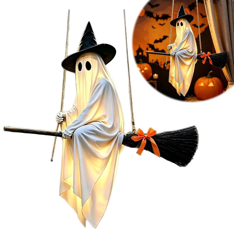 Lighted Flying Ghost Halloween Decoration for Outdoor & Indoor Use - 5 Ft Spooky Ghost with Witch Hat & Broomstick