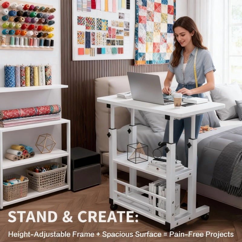 Adjustable Height Craft Table with Storage and Silent Wheels for Sewing & Knitting