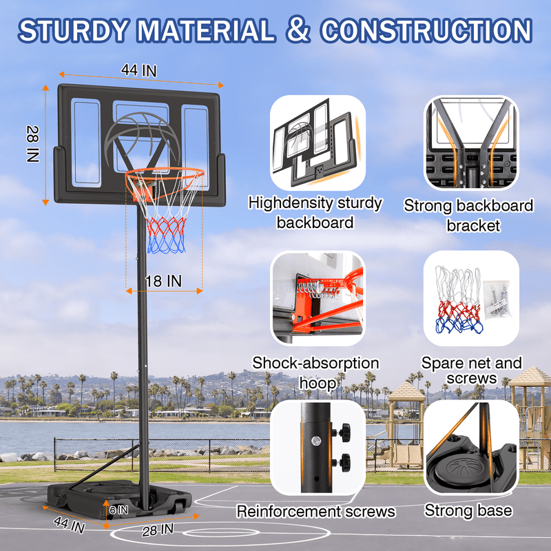 44-Inch Portable Adjustable Basketball Hoop System - Outdoor 4.4-10ft Height with PC Backboard