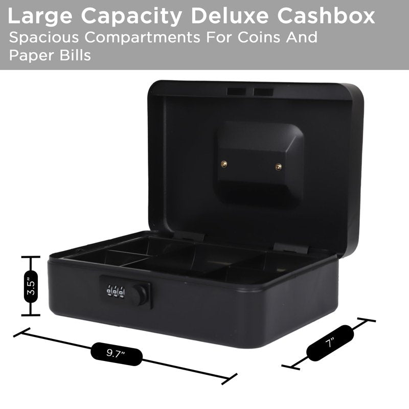 Large Black Stainless Steel Cash Box with Mechanical Lock & Removable Tray
