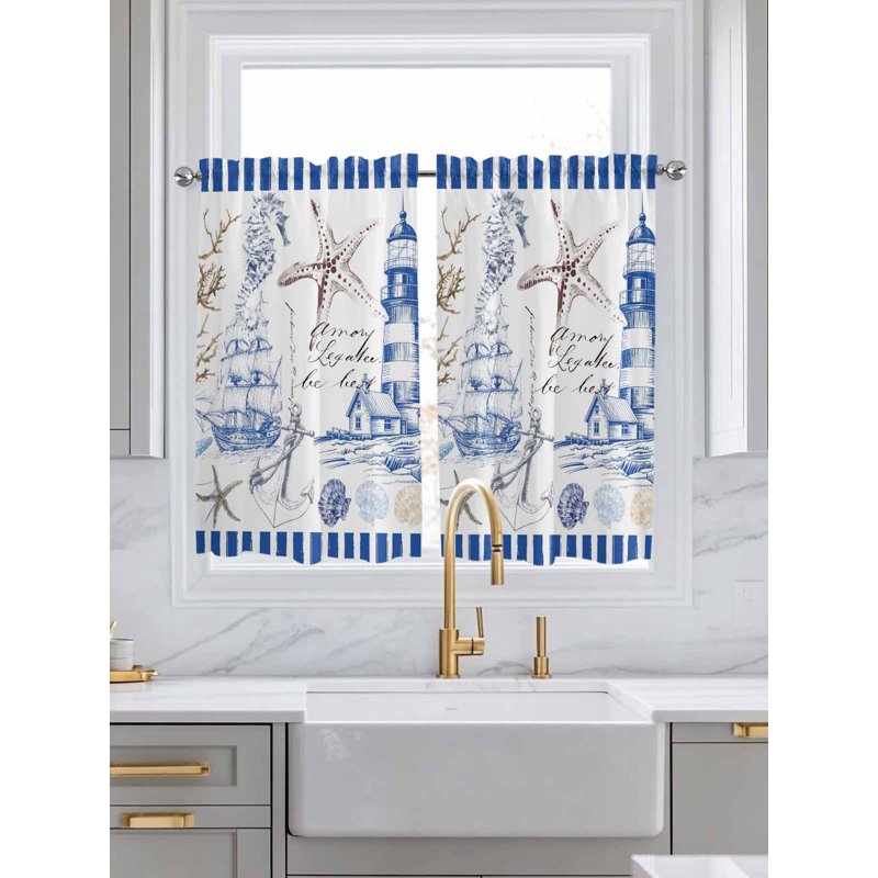 Navy Blue Coastal Tier Curtains - Light-Filtering Window Treatment for Bedroom & Bathroom