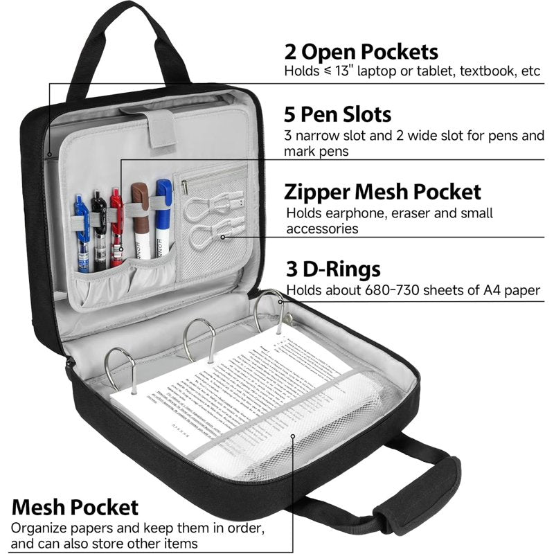 3 Inch D-Ring Zipper Binder Bag with 700 Sheet Capacity and Multiple Pockets