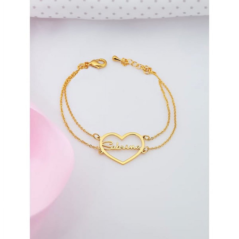 Personalized Sterling Silver Double Chain Heart Bracelet - 7 Inch Custom Name Jewelry