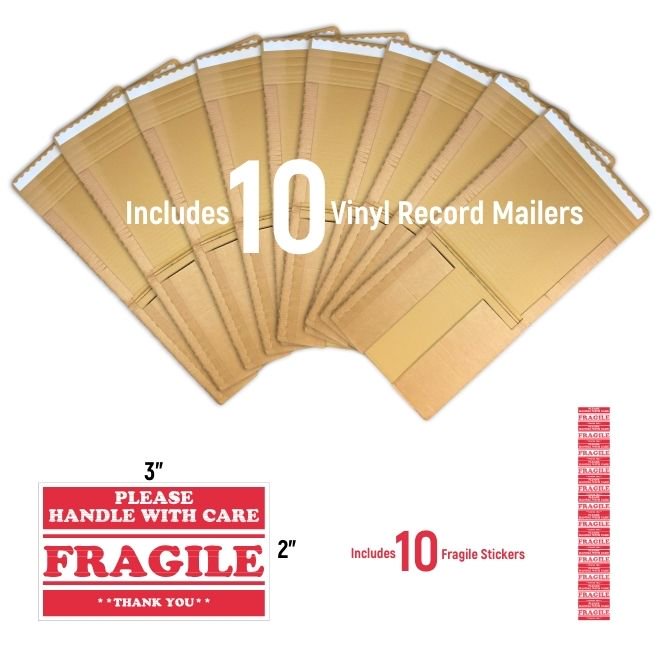 Vinyl Record Shipping Boxes with Fragile Stickers - Holds 1-8 LPs, 10-Pack