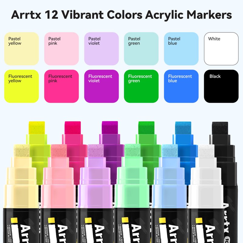 Arrtx 12-Piece 10mm Acrylic Jumbo Markers - Pastel Colors, Non-Toxic, Permanent When Dry