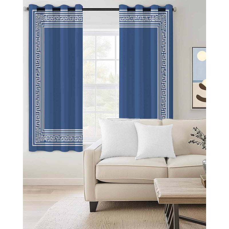 Dark Blue Greek Key Blackout Curtains - Thermal Insulated Grommet Drapes for Living Room
