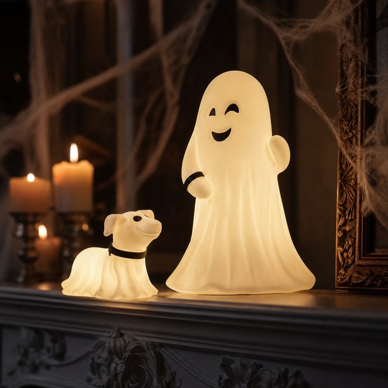 Halloween Ghost with Dog Night Light - Cute LED Desk Lamp for Indoor Outdoor Decor