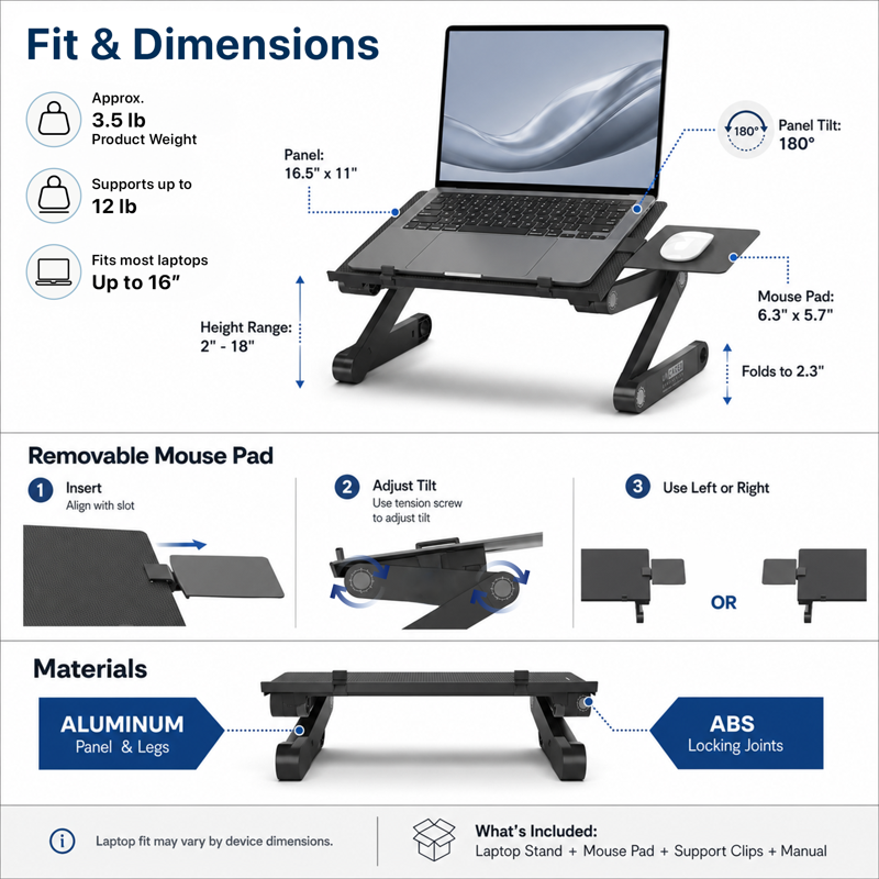 Adjustable Laptop Stand and Lap Desk with Mouse Pad for Bed Couch Desk