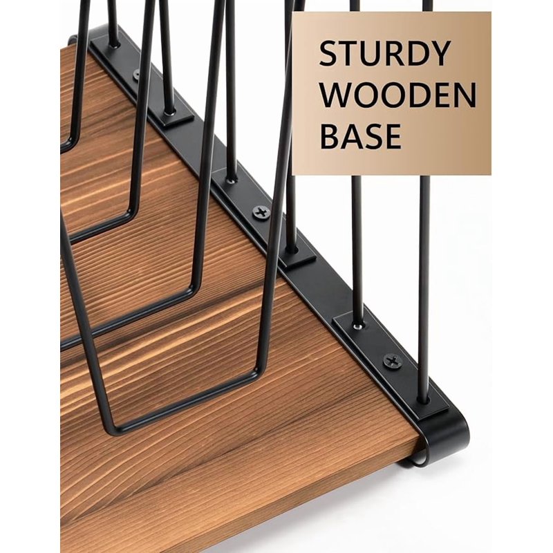Inclined Desk File Organizer with 5 Compartments - Vertical Metal & Wooden Stand