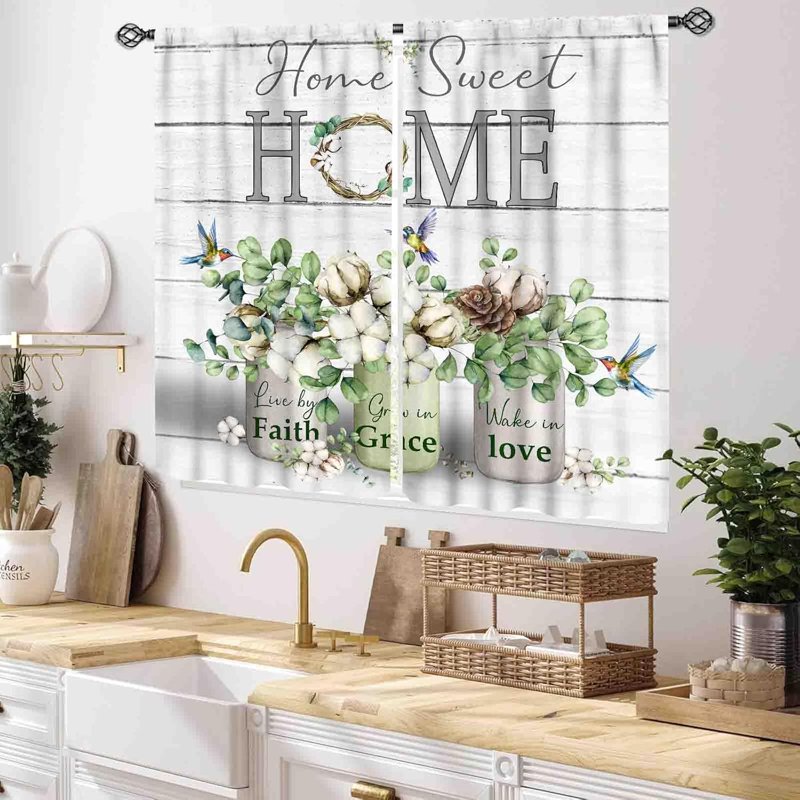 Farmhouse Eucalyptus Leaves Curtain Set - Rustic Country Window Drapery, 2 Panels, Various Sizes