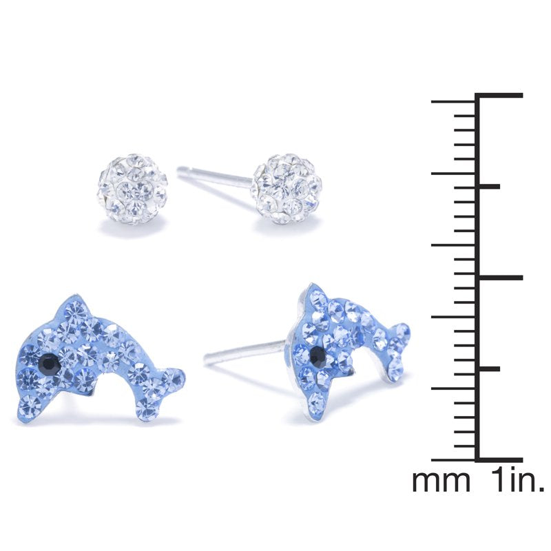 Sterling Silver 2-Piece Earrings Set with Crystal Ball and Dolphin Designs for Women & Teens