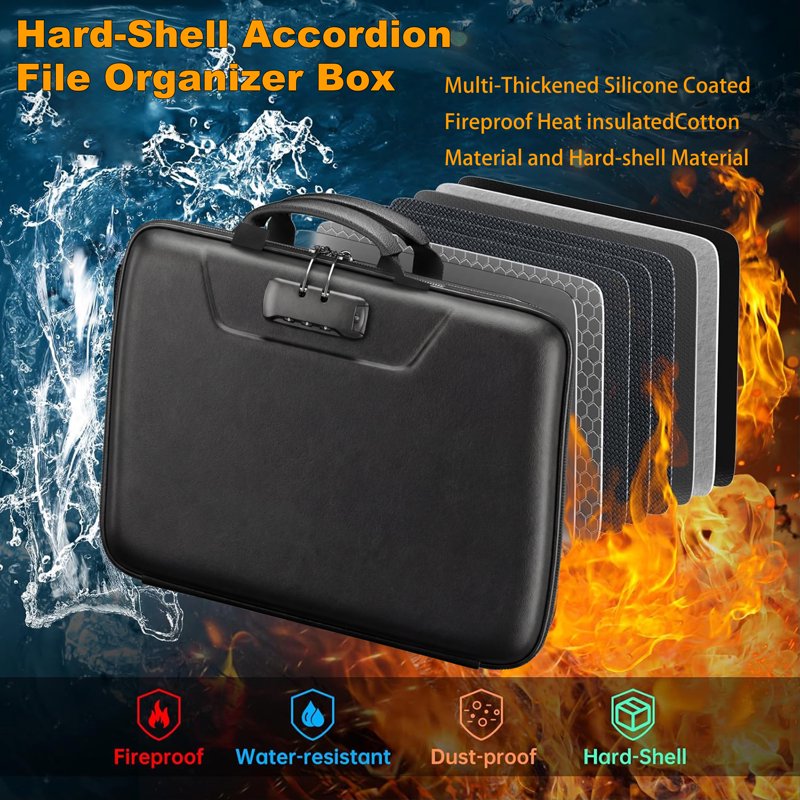 Fireproof Document Box with Lock, Water-Resistant Hard Case & 13-Pocket Organizer
