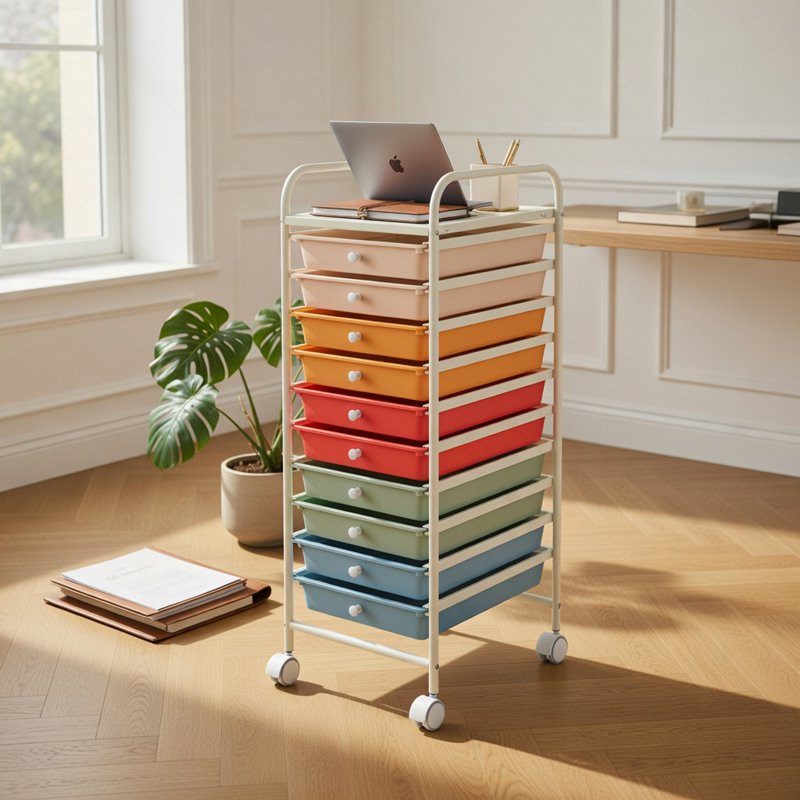 10-Drawer Rolling Storage Cart with Casters for Home & Office, Multicolor
