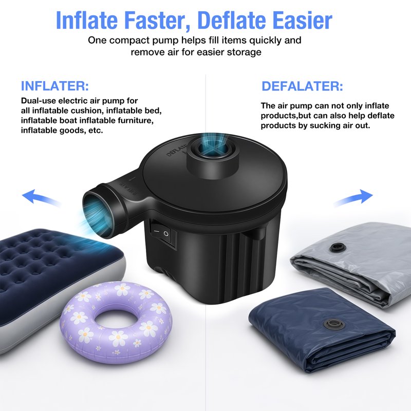 Electric Air Pump for Inflatables, Portable Inflator & Deflator with 3 Nozzles