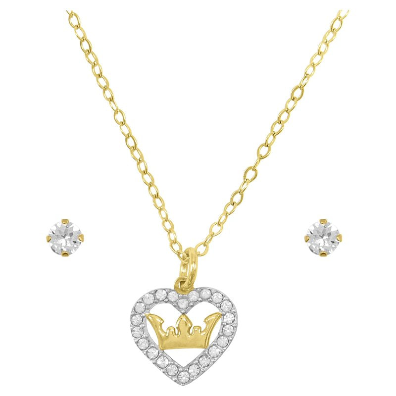 Children's Crystal Heart Necklace & Stud Earrings Set - Gold Plated Sterling Silver