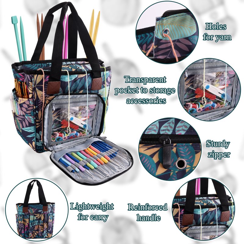 Crochet Yarn Organizer Bag with Multiple Compartments and Accessories - Blue