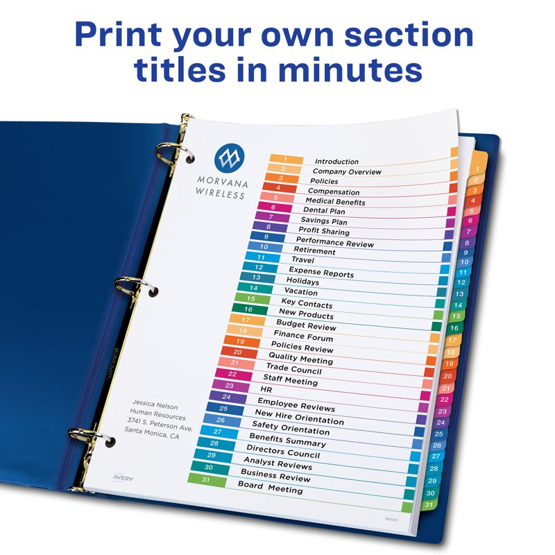 Multicolor Tab Dividers for 3-Ring Binders, Customizable Table of Contents Set