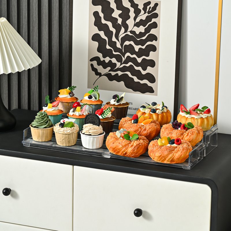 3-Tier Clear Display Riser Stand - Extendable Adjustable Shelf Organizer for Perfume, Cupcakes, Figures & More