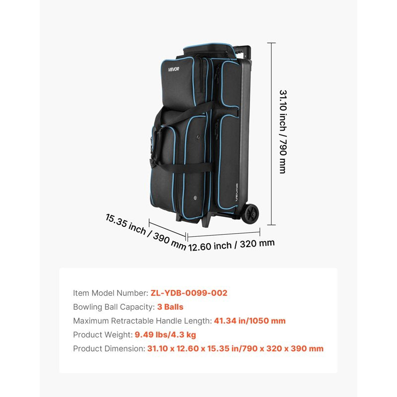 3 Ball Bowling Bag with Wheels - Double Roller for Shoes & Accessories