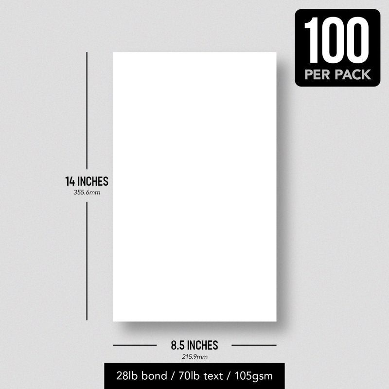 Bright White Multipurpose Printer & Copy Paper - 8.5 x 14 Legal Size - 70lb 28lb Bond - 100 Sheets