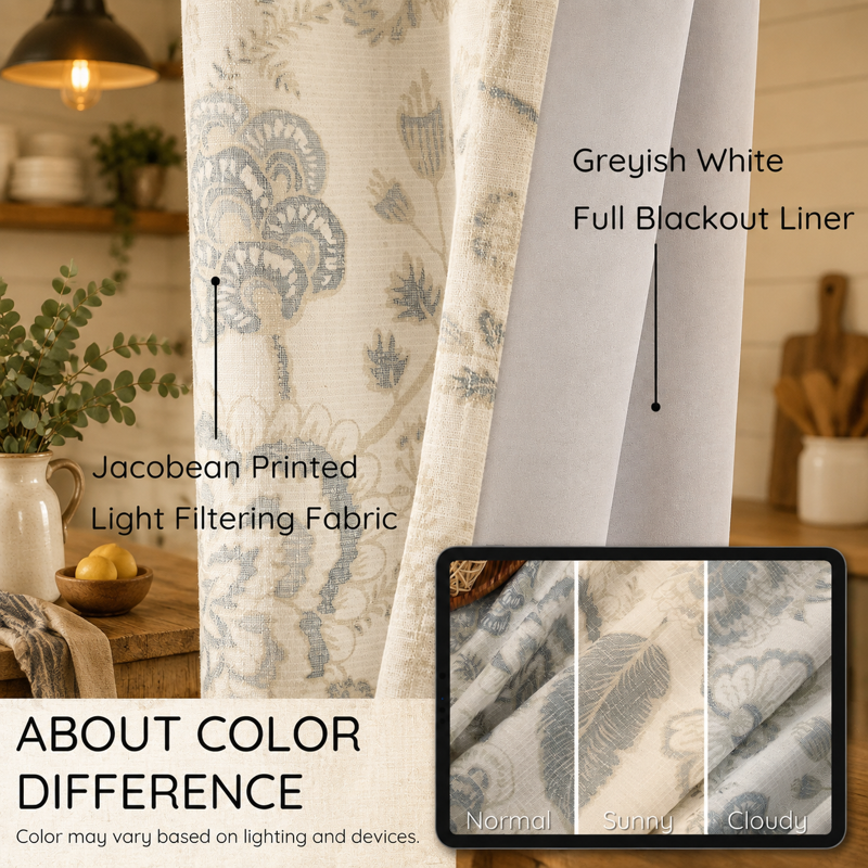 Blackout Jacobean Floral Pleated Curtains 84 Inch Long Set of 2