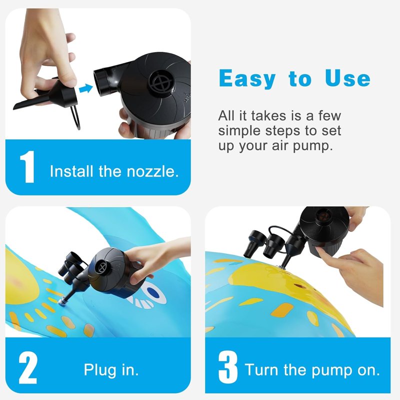Electric Air Pump for Inflatables - Portable Quick-Fill Inflator & Deflator with 3 Nozzles 110-120V