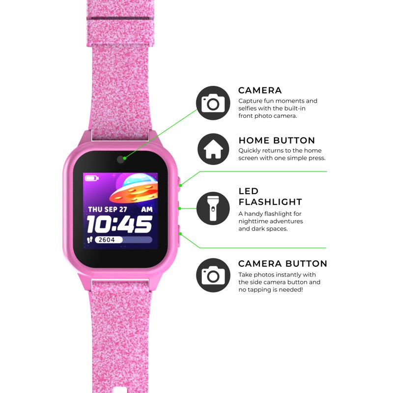 Kids Smartwatch with Camera, Audiobooks & Games – Pink Glitter Strap, Waterproof
