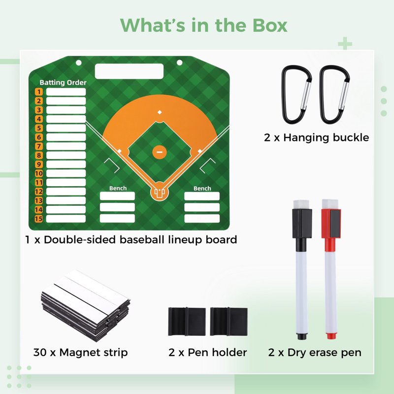 Portable Double-Sided Baseball Lineup Board with 30 Strips & 2 Pens, 12.6 x 11 Inches