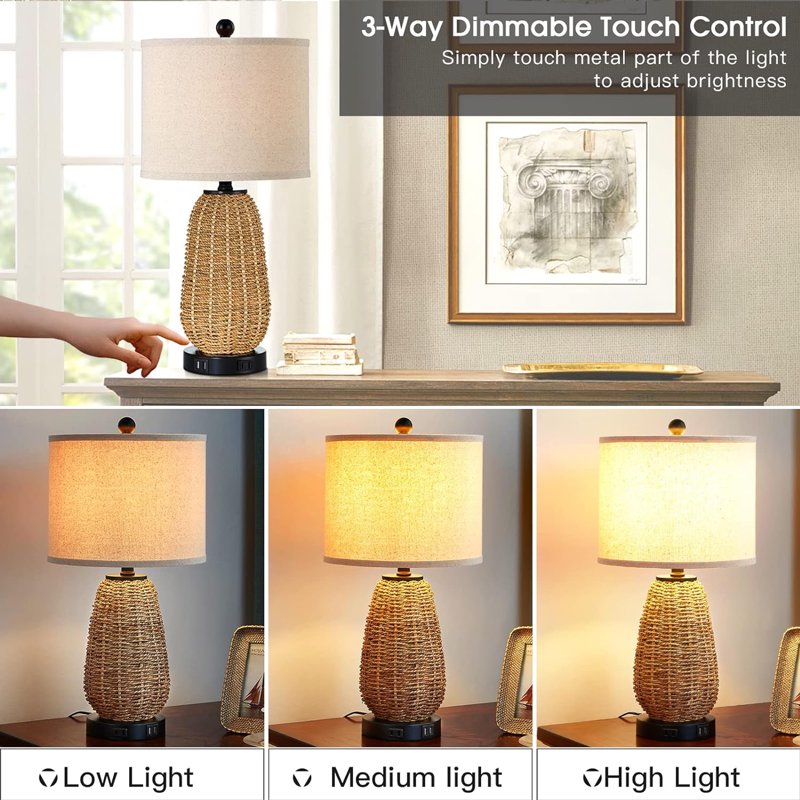 Set of 2 Touch Control Farmhouse Rattan & Linen Table Lamps with USB & Outlet