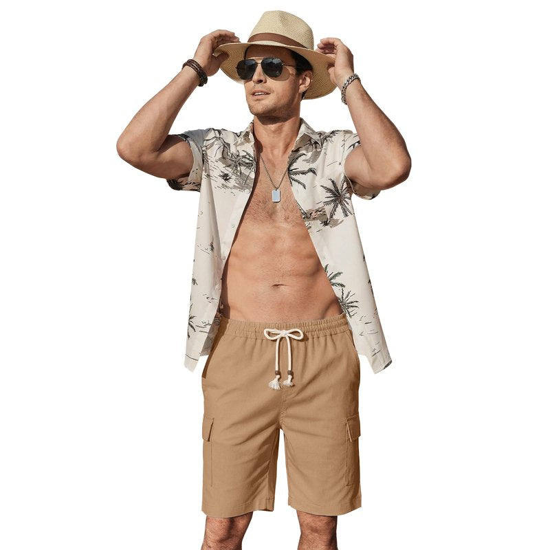 Men's Linen Cargo Shorts Elastic Waist Drawstring Summer Beach Pants with Pockets