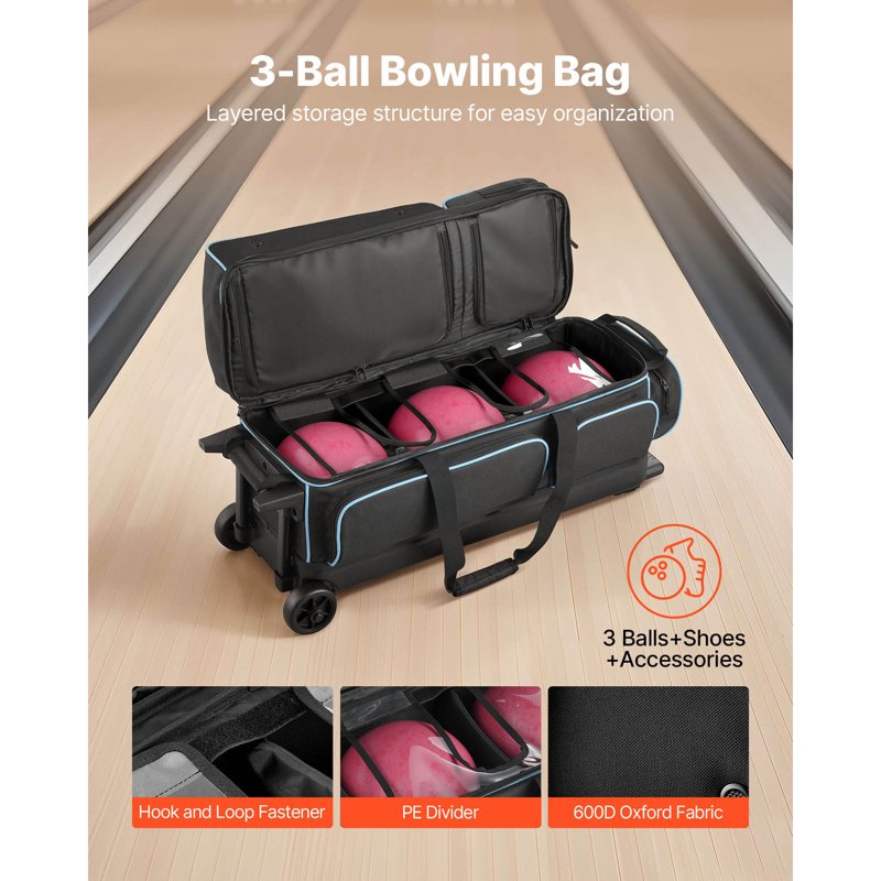 3-Ball Double Roller Bowling Bag with Wheels & Shoe Compartment - Fits US Size 16