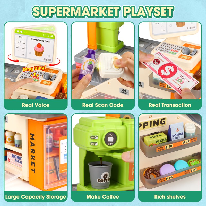 Kids Cash Register Play Set with Scanner & Play Food - Pretend Grocery Store Toy