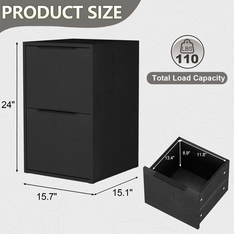 Wooden File Cabinet 2 Drawer Vertical Storage for Office - Black & Walnut Options