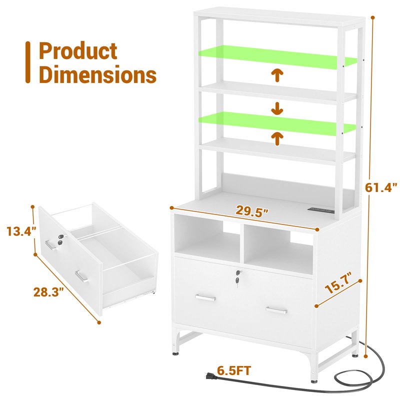 Vertical File Cabinet with Charging Station and Lock - Large Drawer for Letter A4 Legal Files, Home Office Storage, White