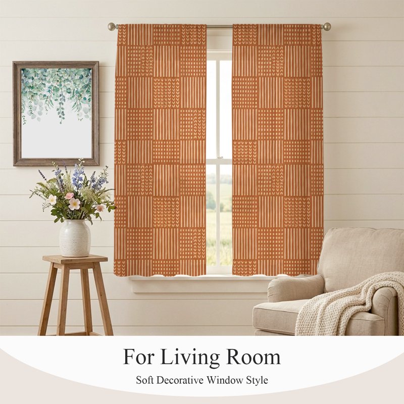 Sheer Plaid Curtains 72 Inch Length Set - Modern Geometric Window Drapes