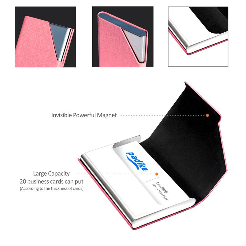 Business Name Card Holder - PU Leather & Stainless Steel Wallet for Men & Women - Pink