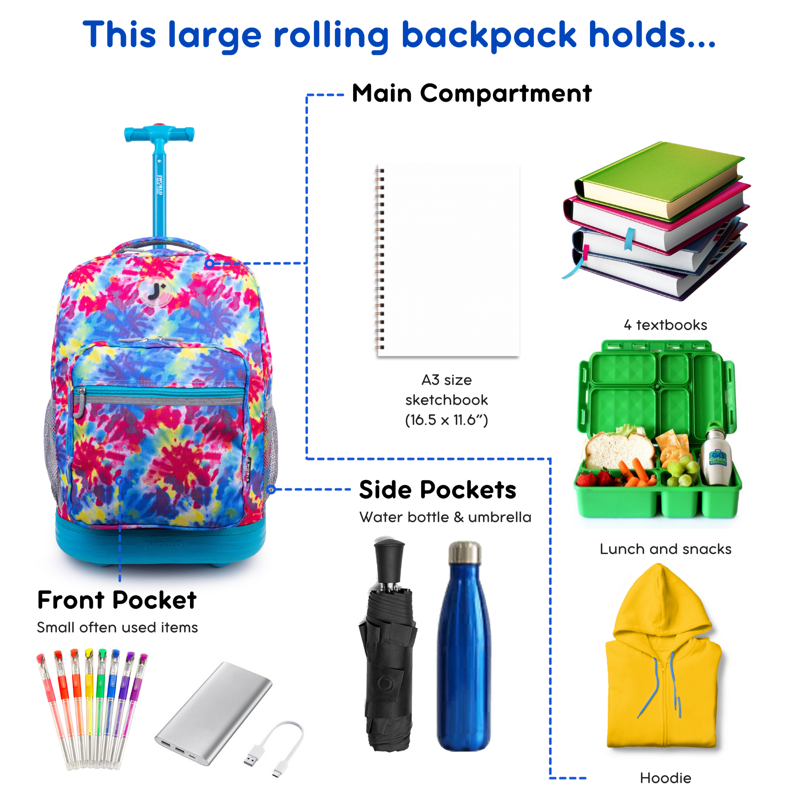 Unisex 18-Inch Rolling Backpack for School & Travel - Tie Dye