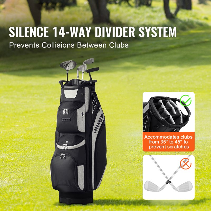 KFFKFF Golf Bag for Carts 14-Way Top Divider, 36" 13 Pockets, Dust Cover, Removable Straps, Black/Gray