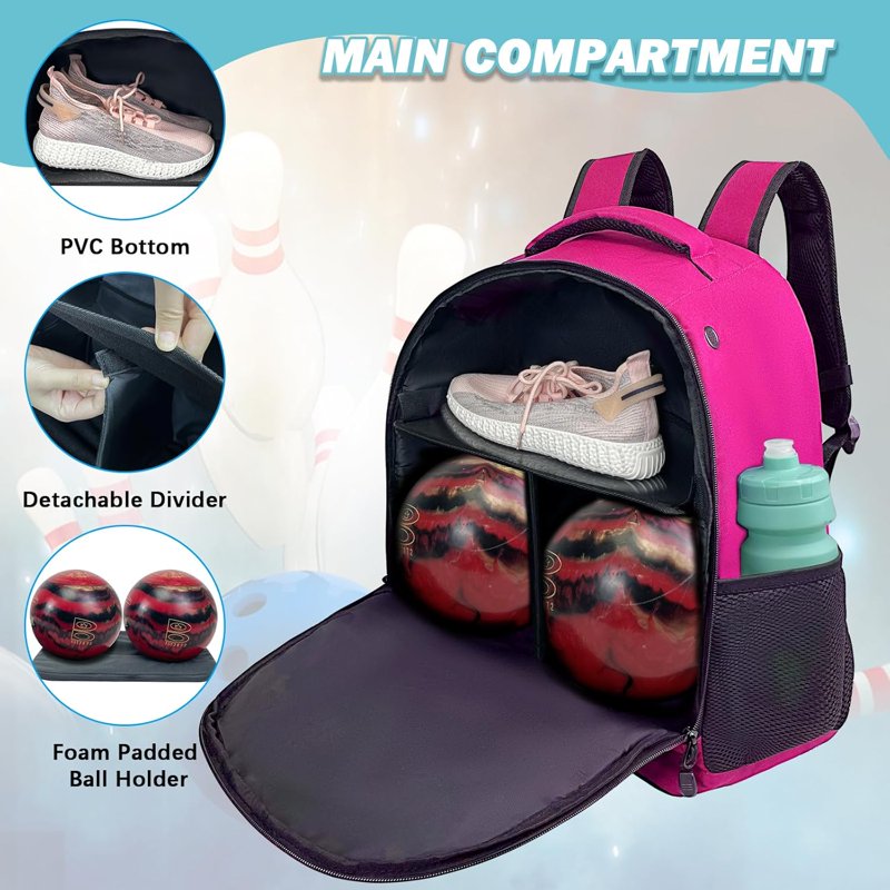 WOLT 2-Ball Bowling Backpack with Ventilated Shoe Compartment, Pink